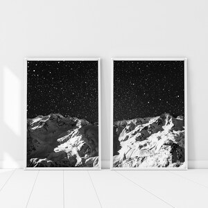 Nacht-Berg-Set 2 Drucke, White Mountain Poster, Sternennacht-Wandkunst, Winternacht, Winter-Berg-Diptychon, Winter-Berge-Kunst