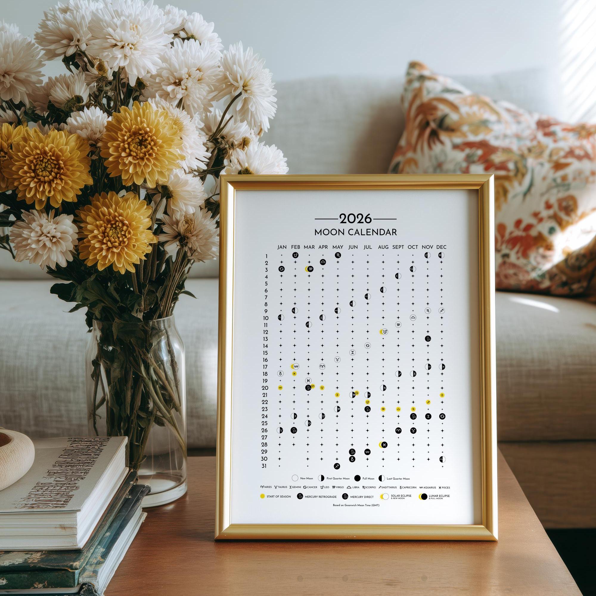 UK Moon Calendar 2026, GMT Time Lunar Calendar 2026, 2026 Moon Phase ...