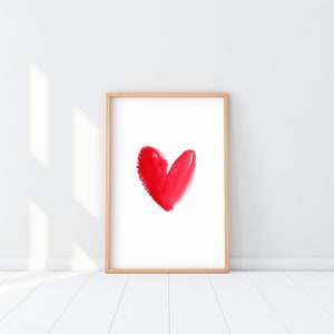 Impression de coeur d'aquarelle rouge, affiche de coeur de rubis, art de mur d'amour, art de signe d'amour, affiche d'aquarelle de je t'aime, lettres d'amour, art d'amour de coeur rouge