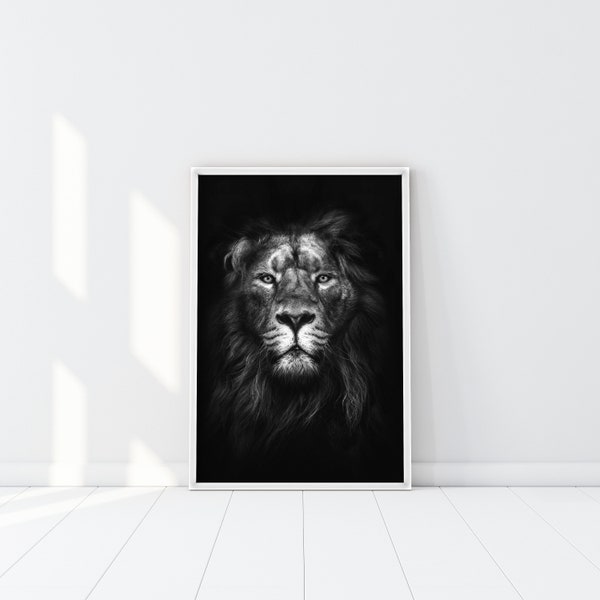 Impresión de león blanco y negro, cartel de animales safari, arte de animales salvajes, el rey león de la selva, foto en blanco y negro, león africano macho alfa