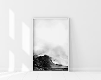Black Wave Poster, Ocean Wave Print, Black and White Minimalist Sea Wave Wall Art, Surf Wave Portrait, Surfer gift, surf vintage poster