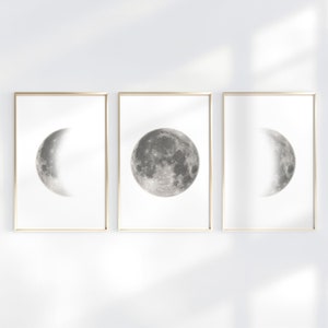 Set mit 3 Monddrucken, hochwertiges Mondphasen-Poster, Boho-Chic-Mondphasen-Wandkunst, La Lune Affiche, Heiliger Mond, Kunst über dem Bett, Weltraum