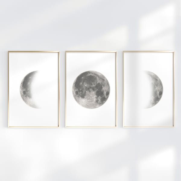 Set of 3 Moon Prints, High Quality Moon phases poster, Boho Chic Lunar Phases wall art, La Lune Affiche, Sacred Moon, Above bed Art, Space