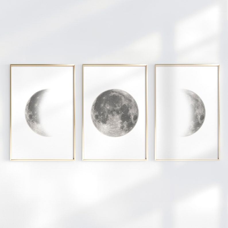 Set of 3 Moon Prints, High Quality Moon phases poster, Boho Chic Lunar Phases wall art, La Lune Affiche, Sacred Moon, Above bed Art, Space 