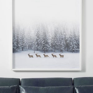 Winter Deers Print, Minimalist Deers Poster, Deers Photography, Scandinavian Wall Art, Deers Printable, Deer Art, Deers in snow, Deers herd image 2