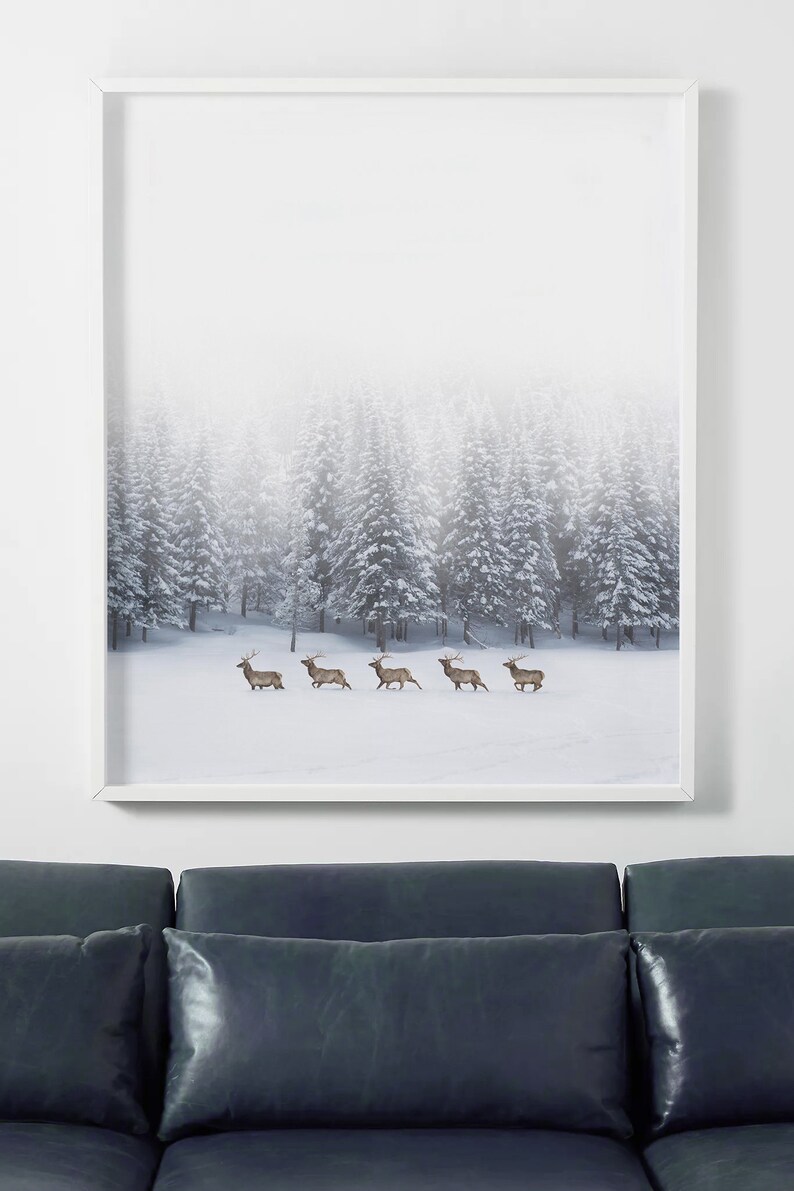 Winter Deers Print, Minimalist Deers Poster, Deers Photography, Scandinavian Wall Art, Deers Printable, Deer Art, Deers in snow, Deers herd image 2