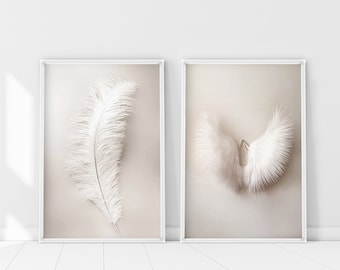 Feather and Wings Print Set, 2 pieces Angel Wings Wall Art, Beige Aesthetic Poster Set of 2 Prints, White Feather Poster, Beige Wall Art