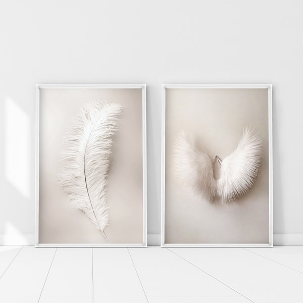 Feather and Wings Print Set, 2 pieces Angel Wings Wall Art, Beige Aesthetic Poster Set of 2 Prints, White Feather Poster, Beige Wall Art