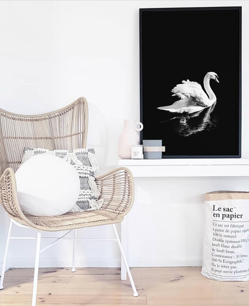 Impresión de cisne blanco, cartel minimalista de cisne, fotografía de cisne blanco y negro, arte de pared de reflejo de espejo, decoración escandinava, pájaro blanco elegante imagen 6