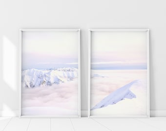 Pastel Winter Sky Print Set of 2, 2 pieces Winter Skyscape Wall Art, Purple Pastel Sky Poster, White Mountain Wall Art, Lilac Mountains