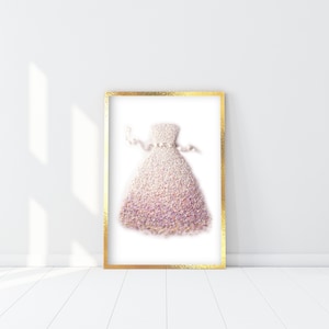 Miss Fashion Flower Dress Print, CD Blush Pink Floral Dress Poster, Flower Power Dress Wall Art, Light Pink Fashion Decor White ribbon dress