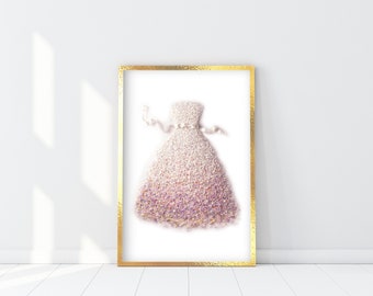 Miss Fashion Flower Dress Print, CD Blush Pink Floral Dress Poster, Flower Power Dress Wall Art, Light Pink Fashion Decor White ribbon dress