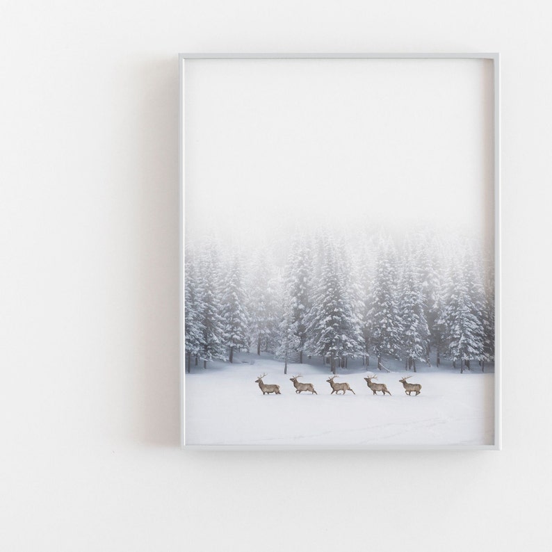 Winter Deers Print, Minimalist Deers Poster, Deers Photography, Scandinavian Wall Art, Deers Printable, Deer Art, Deers in snow, Deers herd image 3