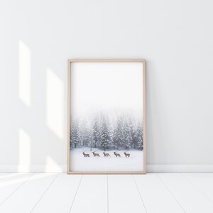 Winter Deers Print, Minimalist Deers Poster, Deers Photography, Scandinavian Wall Art, Deers Printable, Deer Art, Deers in snow, Deers herd image 1