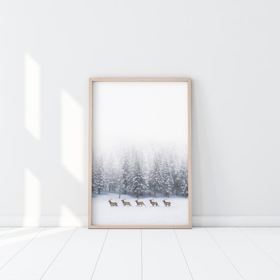 Winter Deers Print, Minimalist Deers Poster, Deers Photography, Scandinavian Wall Art, Deers Printable, Deer Art, Deers in snow, Deers herd
