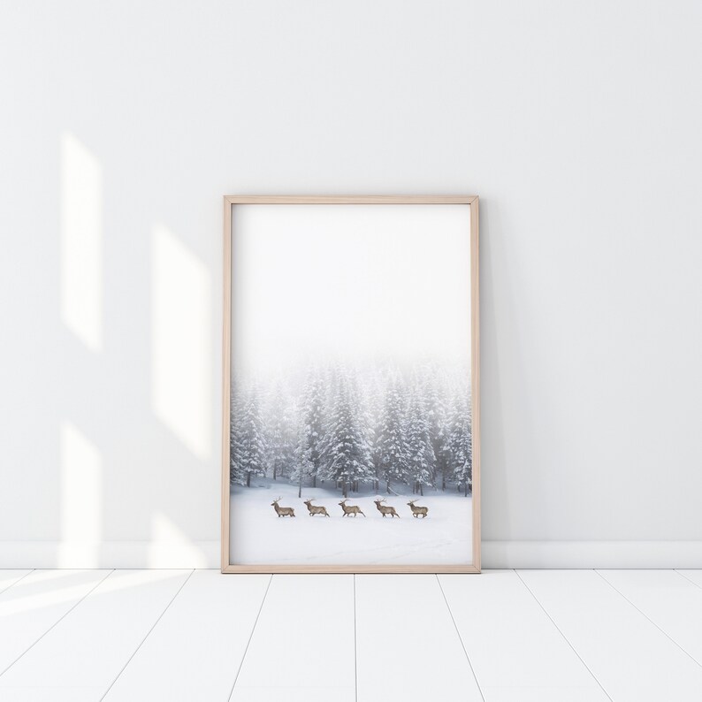 Winter Deers Print, Minimalist Deers Poster, Deers Photography, Scandinavian Wall Art, Deers Printable, Deer Art, Deers in snow, Deers herd image 1