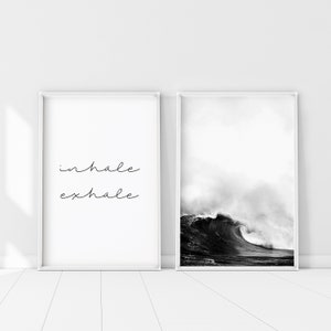 Set of 2 Inhale Exhale Wave Print, 2 pieces Breathe Wave Printable Wall Art, Diptych Photography, Inhale Exhale Wave Poster, Black Wave Art