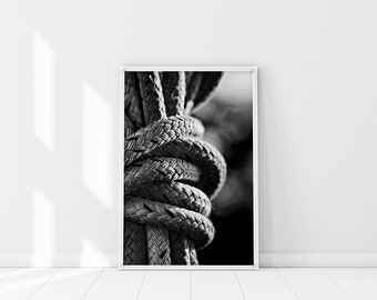 Touw knoop print, nautische zwart-wit fotografie poster, nautische knoop kunst aan de muur, kust decor, zeilen minnaar cadeau, zeilen knoop kunst