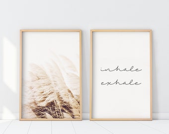 Set of 2 Pampas Inhale Exhale Print, Boho Decor, 2 pieces Inhale Exhale Poster, Pampas Wall Art, Bohemian Wall Art, Inhale Exhale Diptych
