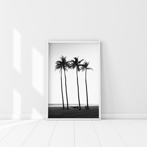 Palm Trees on Beach Poster, Palm Trees Hammock Print, Black and White Minimalist Palm Trees Wall Art, Palm Trees vintage photography poster
