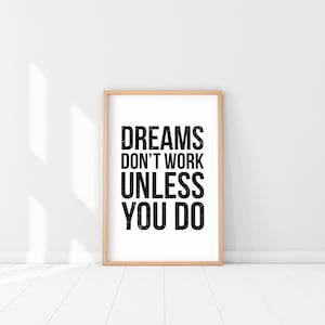 Dreams Don&#39;t Work Unless You Do Print, Dreams Poster, Home Office Print, Inspirational Wall Art, Kids motivation art, Starry Dreams Wall Art