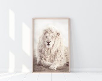 White Lion print, Bohemian Lion poster, Boho lion art, Printable Lion Wall art, White Lion decor, Merlion, Neutral Tone wall art