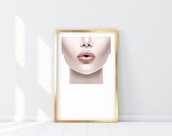 Pink Lips Print, Woman With Pink Lipstick Wall Art, Woman Fashion Poster, glam Lipstick, trendy Makeup, Flawless skin portrait, Beauty Decor