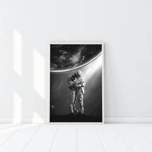 Weltraum Liebe Druck, Kosmonauten paar Poster, Weltraum Kunst, Outer Space Druck, Weltraum Digitaldruck, Weltraum Kunstwerk, Schwarz & Weiß Weltraum Fotografie