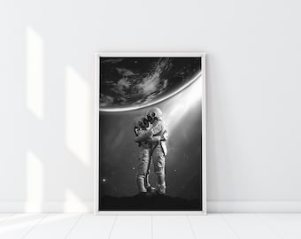 Impression amour de l'espace, affiche couple cosmonaute, art de l'espace, impression de l'espace, impression numérique de l'espace, oeuvre d'art de l'espace, photographie de l'espace noir et blanc