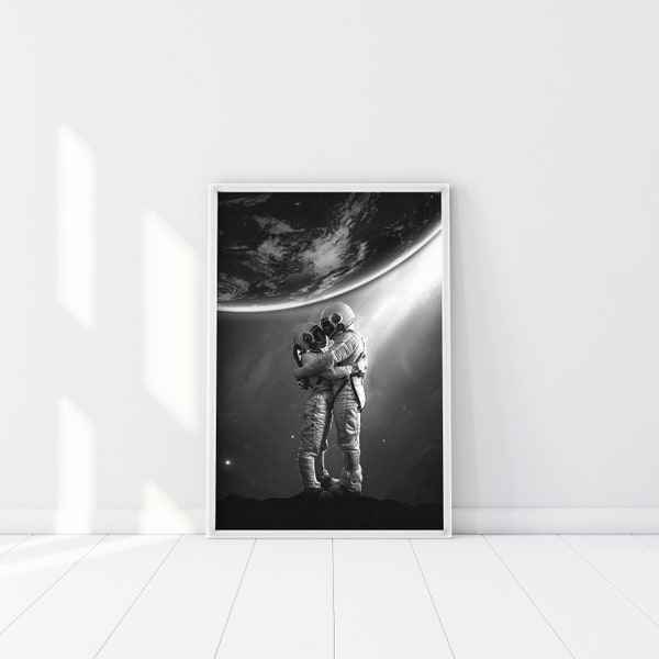 Impression de l'amour de l'espace, affiche couple cosmonaute, art de l'espace, impression de l'espace, impression numérique de l'espace, oeuvre d'art de l'espace, photographie de l'espace noir et blanc