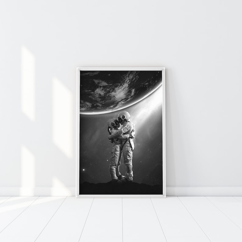 Space Love Print, Cosmonaut Couple poster, Space art, Outer Space Print, Space digital Print, Space artwork, Black & white space photography image 1