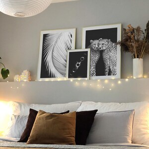 May include: Three black and white framed prints on a wall above a bed with white bedding and brown and black pillows. The prints feature a palm leaf, a celestial image, and two cheetahs.