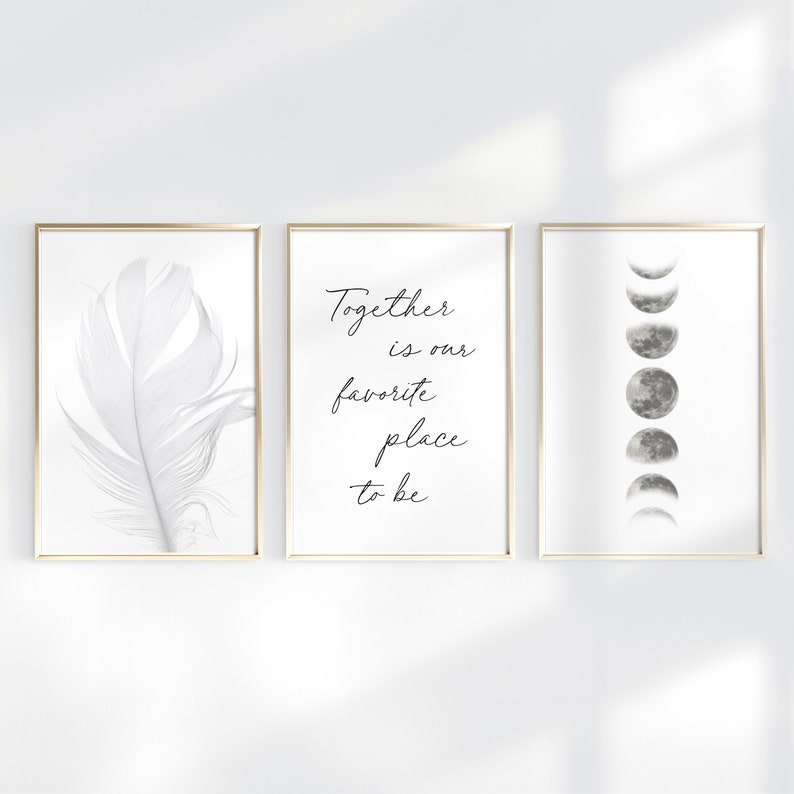 Above bed decor, High Quality Set of 3 Pieces wall art, Feather Wall art, Sacred Moon phases print, Above bed Art, Together bedroom decor image 1