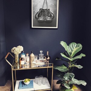 May include: A gold bar cart with a glass top and a marble shelf. The cart is filled with bottles of liquor, glasses, and a plant. A black and white photo of boxing gloves hangs on the wall behind the cart.