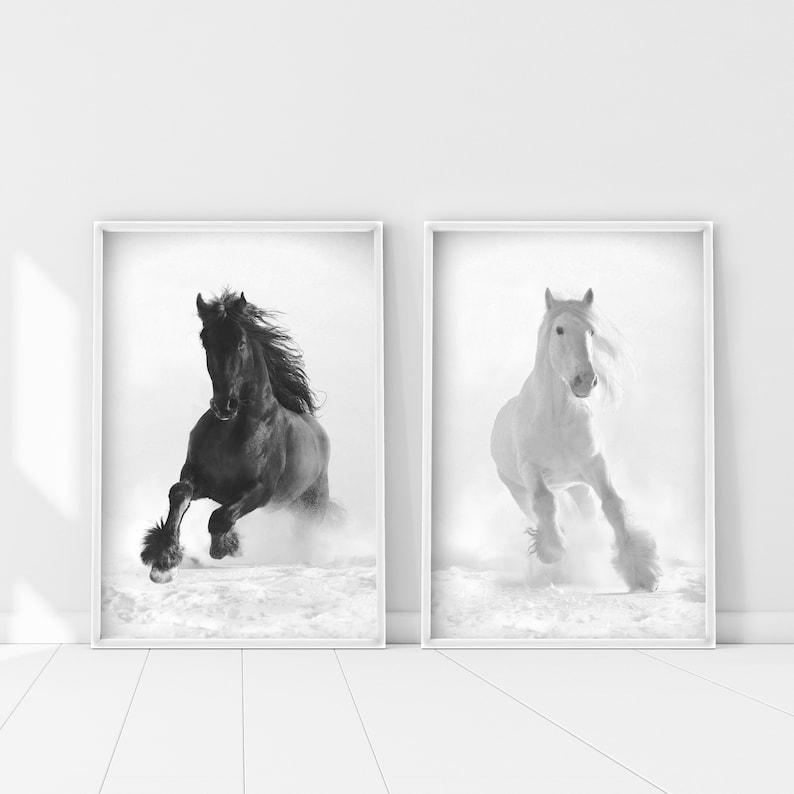 Black and White Running Horses Set of 2 Prints Horses Set of Etsy