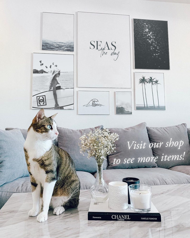 May include: A living room interior with a white couch, a marble coffee table, and a cat sitting on the table. The wall behind the couch is decorated with black and white framed prints of seascapes, palm trees, and waves. The text "SEAS the day" is written on one of the prints. The coffee table has a vase with white flowers, two candles, and a book with the title "CHANEL" on it.