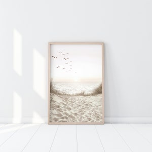 Impresión de pájaros junto a la playa, arte de la playa, cartel costero neutro, decoración costera, arte de la pared náutica, arte calmante, arte de la pared de la playa, arte de la pared costera