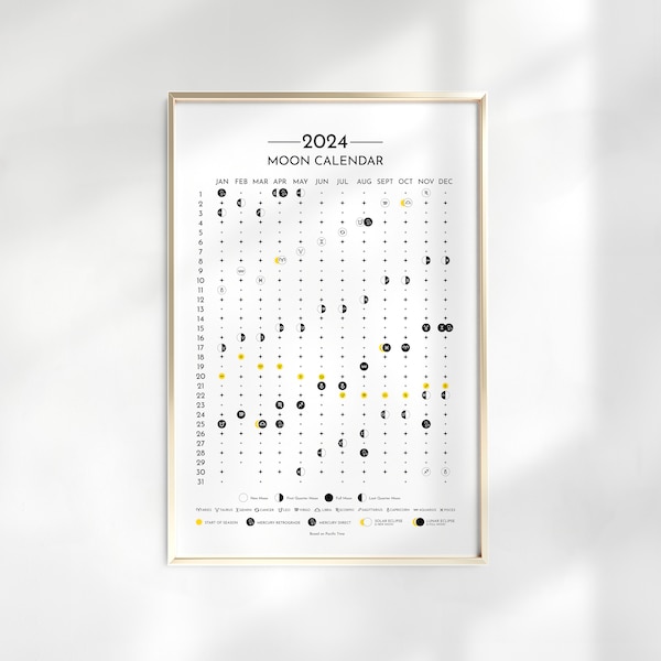 Moon Calendar 2024, Lunar Calendar 2024, 2024 Calendar Printable, Moon Phase Calendar, New Moon Calendar, Astrological Calendar, Zodiac sign