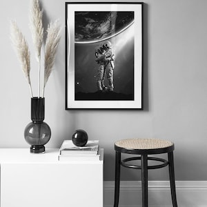 Space Love Print, Cosmonaut Couple poster, Space art, Outer Space Print, Space digital Print, Space artwork, Black & white space photography image 2