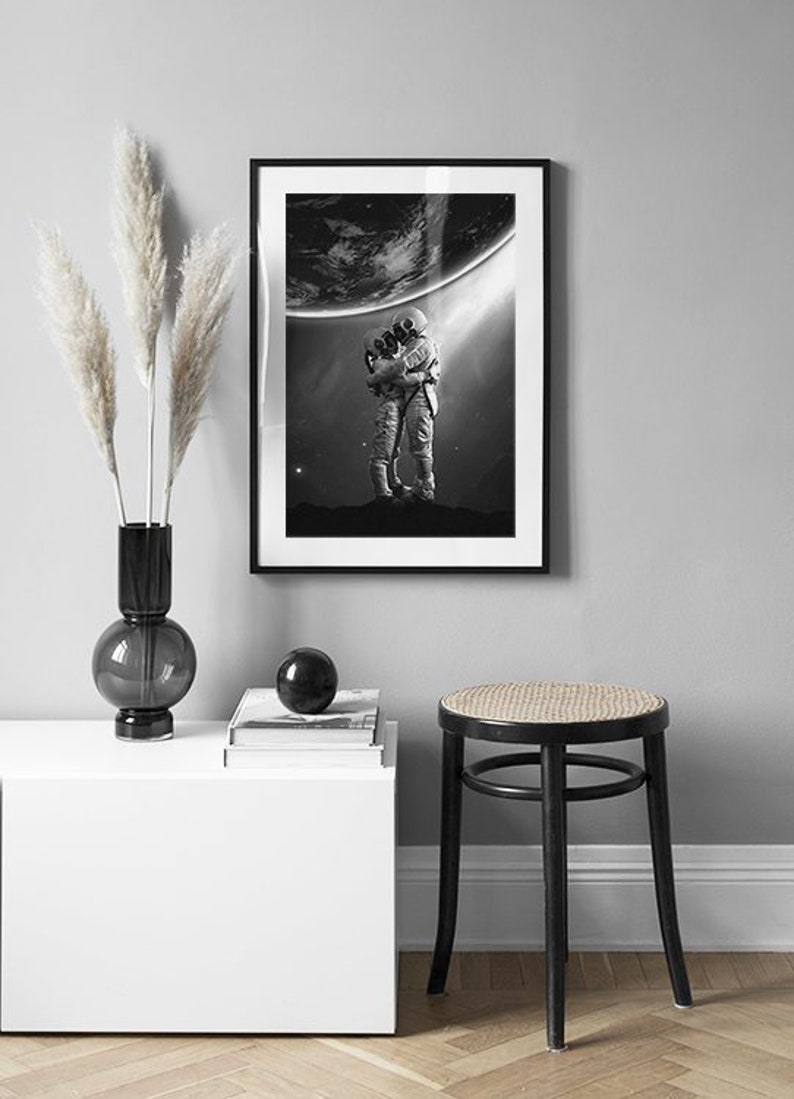 Space Love Print, Cosmonaut Couple poster, Space art, Outer Space Print, Space digital Print, Space artwork, Black & white space photography image 2