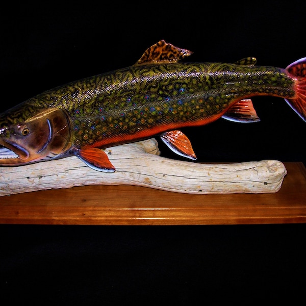 home decor, cabin decor, sculpture, art, trout mount, fish replica, wood carved trout, carved fish, carved trout, trout replica, fishing art