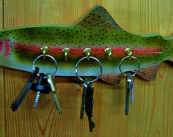 Handcrafted key/jewelry holder, trout carving, Rainbow Trout Art, handcarved fish, fly fishing art, carved trout, wall art, Fish Carving