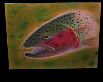 Fish art, fly fishing, home decor, Cabin decor, rainbow trout, pastel paintings, art, trout art, wall art, fine art