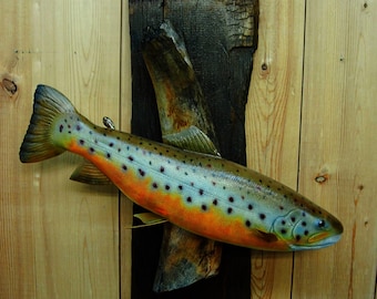 Handcrafted Brown Trout, trout mount, trout replica, fly fishing gift, home decor, cabin decor, sculpture, fishing art, trout carving, art