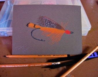 Arte de pesca con mosca: Pintura al pastel original, decoración de cabaña (14,5 x 19,5 cm)