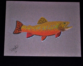 Pintura al pastel de trucha de arroyo: arte original de peces, decoración de cabaña (23x30 cm)
