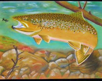 Pintura al pastel de trucha marrón: arte original de peces, decoración de cabaña (26,7 x 35,5 cm)