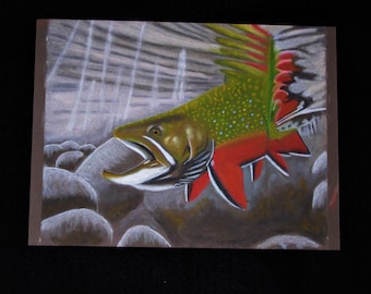 Pintura al pastel de trucha de arroyo: arte original de peces (23 x 30 cm)