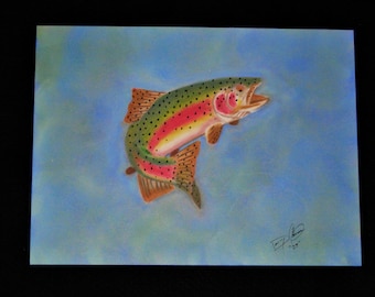 Pintura al pastel de trucha arcoíris: arte original de peces (23 x 30 cm)