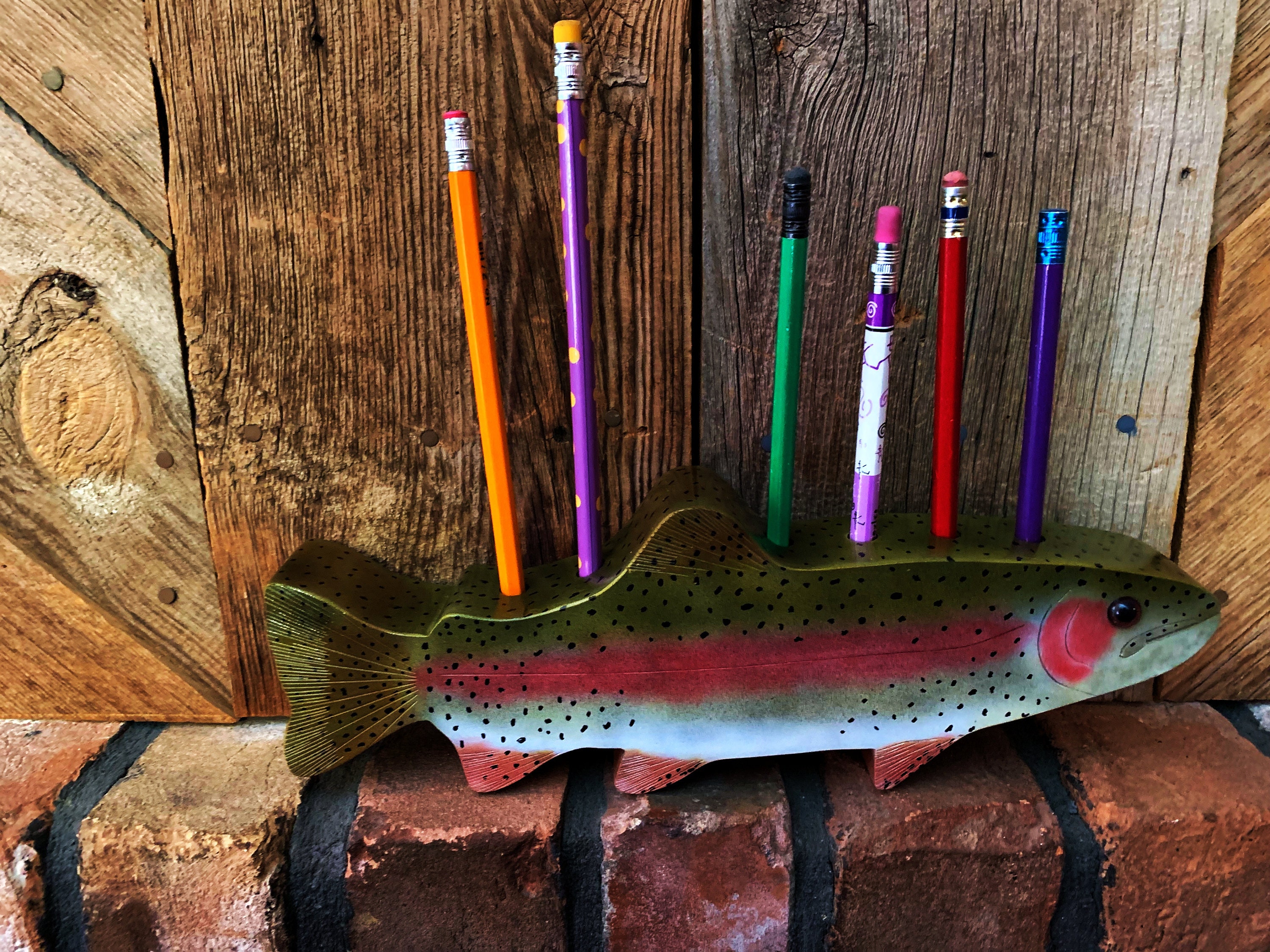 Trout Pencil Holder, Trout Carving, Fly Fishing, Fishing Art, Rainbow